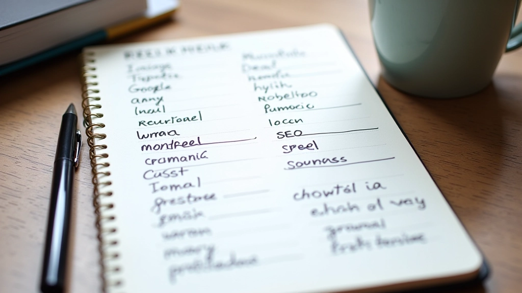 Detailed close-up of research notes with keyword ideas and neighborhood names written on paper