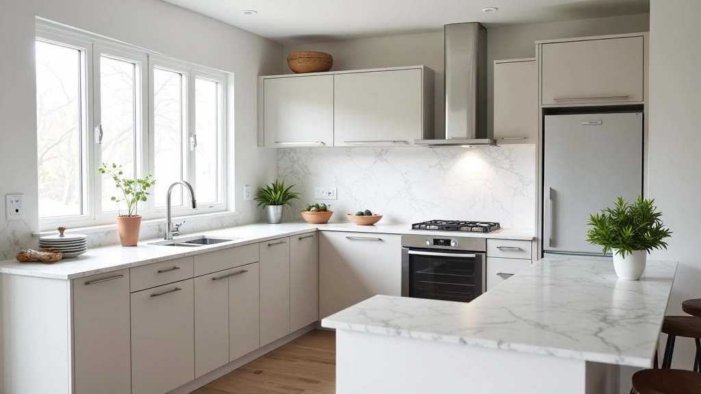 Close-up of a completed kitchen renovation showing modern cabinetry, countertops, and professional lighting in a Montreal residential home