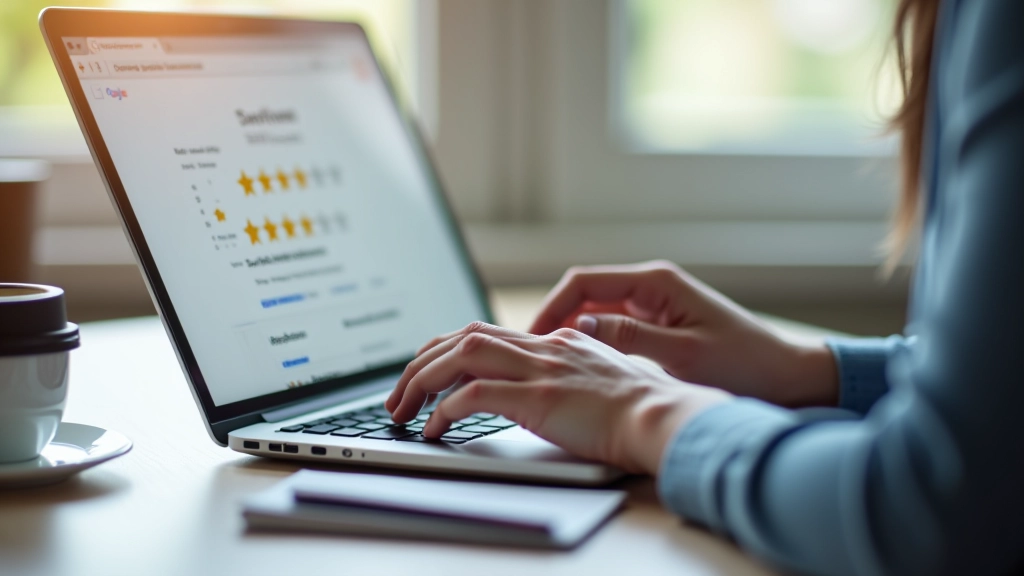 Hands typing a positive online review on a laptop keyboard with five stars visible on screen