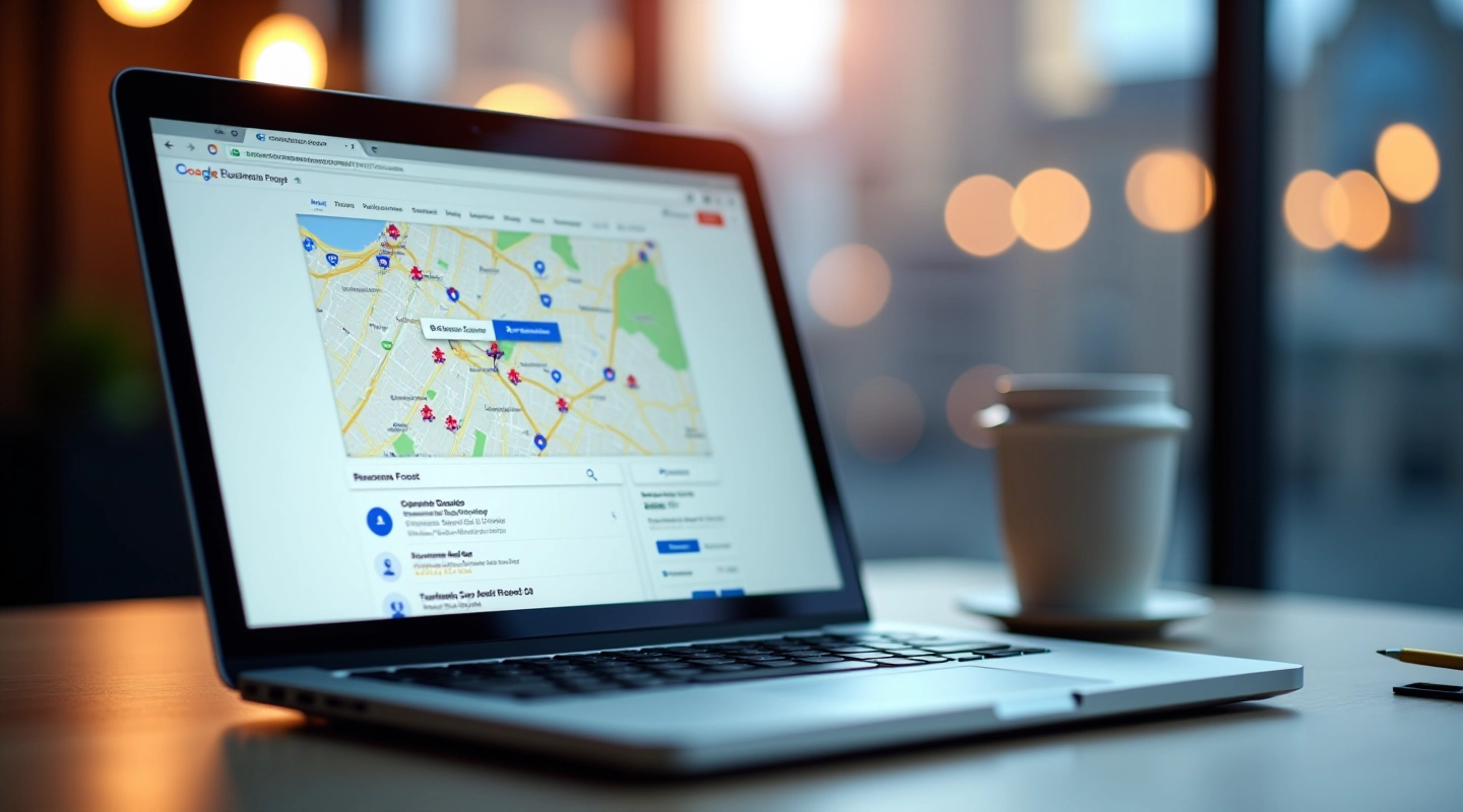Laptop screen showing Google Business Profile setup interface with business information fields