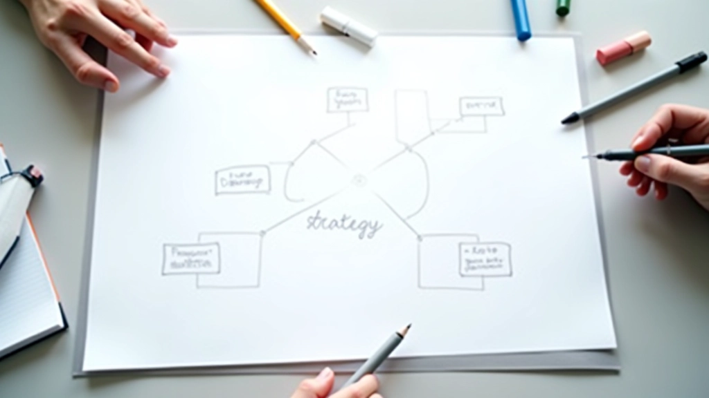 Whiteboard with keyword strategy framework and Montreal neighborhood zones mapped out with competitive analysis notes