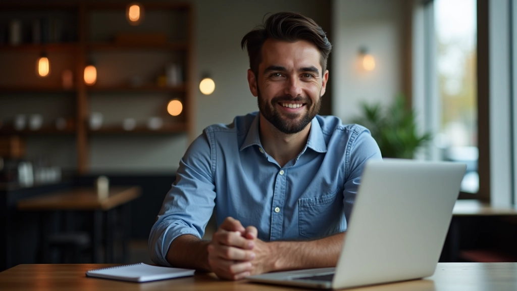 Person researching local keywords on laptop in a modern coffee shop setting