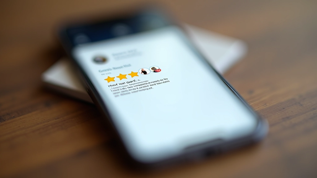 Five-star review rating displayed on a smartphone screen with customer testimonial text visible, shallow depth of field